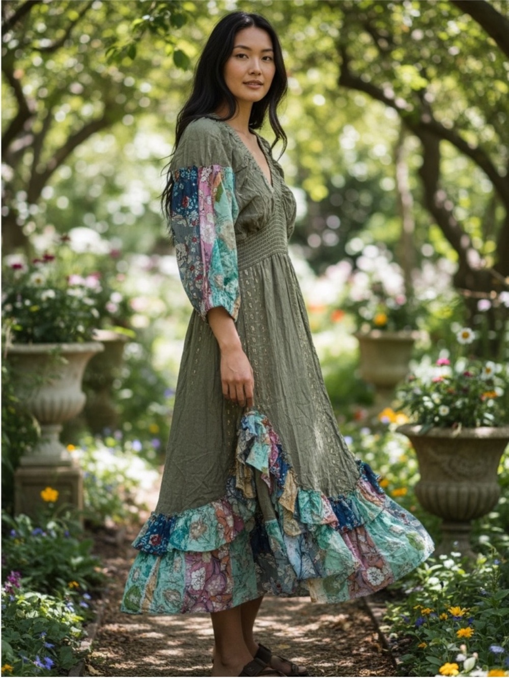 NWT: Young Threads Embroidered Mixed Patchwork Detail Ruffle Hem Maxi Dress•S